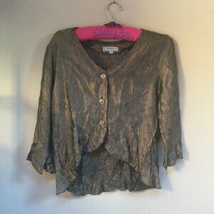 Vintage Hanna Womens Size 2 Olive Green Crinkle Paisley Metallic Top 3/4 Sleeve